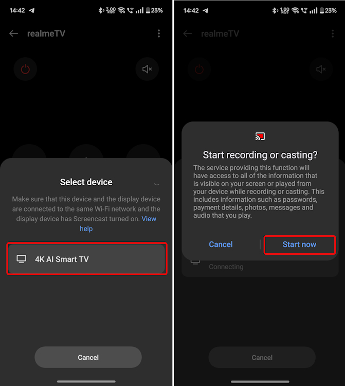 Starting screen mirroring on Android via native functionality