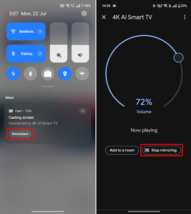 Stop screen mirroring from Android phone to TV