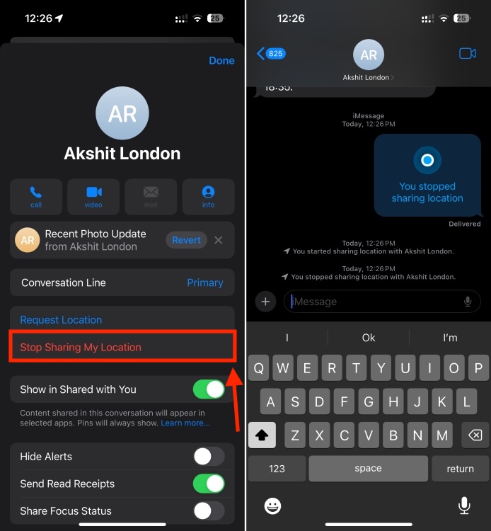 Stop sharing iPhone location using Messages app