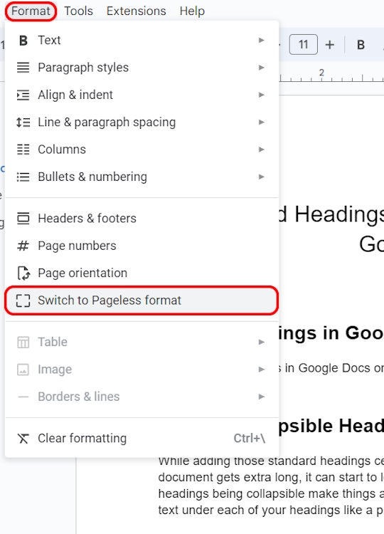 Switching to pageless format in Docs web version