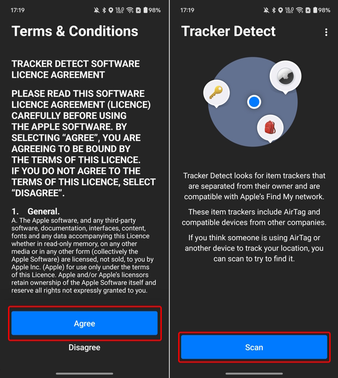 Tracker detect app accepting terms and conditions