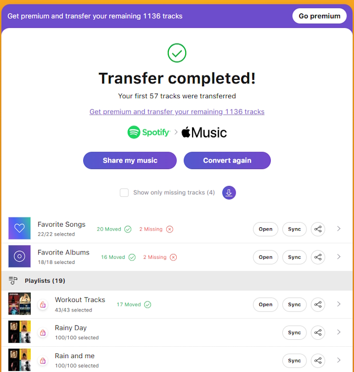 Transfer completed on Tune My Music