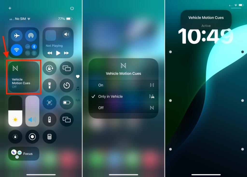 Turn on/off vehicle motion cues in the iPhone Control Center 