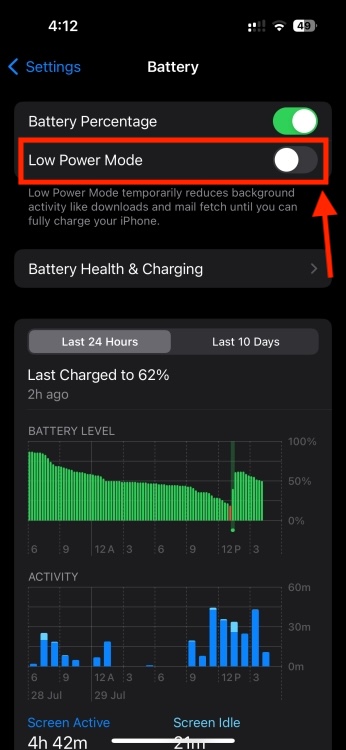 Turn Off Lower Power Mode on iPhone