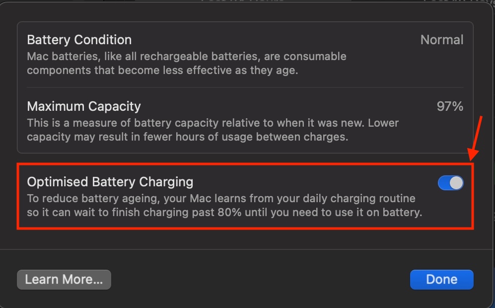 Turn on Optimized Battery Charging on Mac