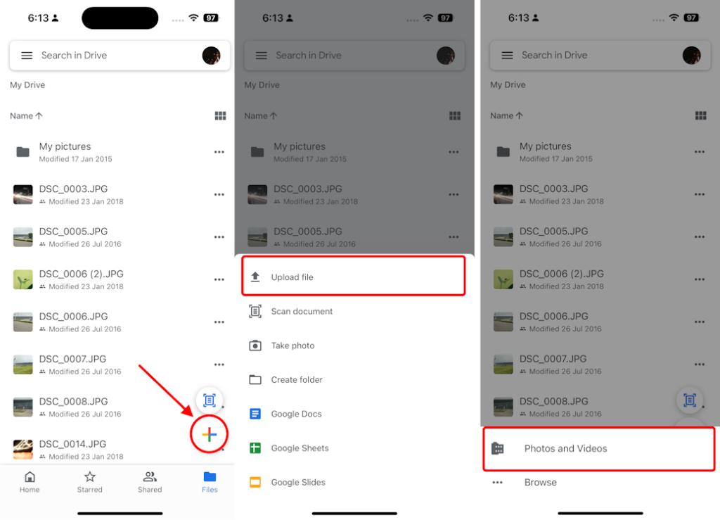 Upload File option on Google Drive iOS