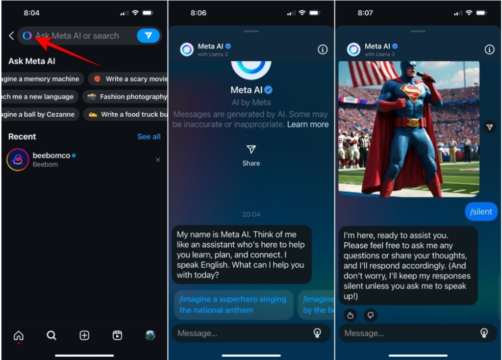 Meta AI on iOS Instagram app