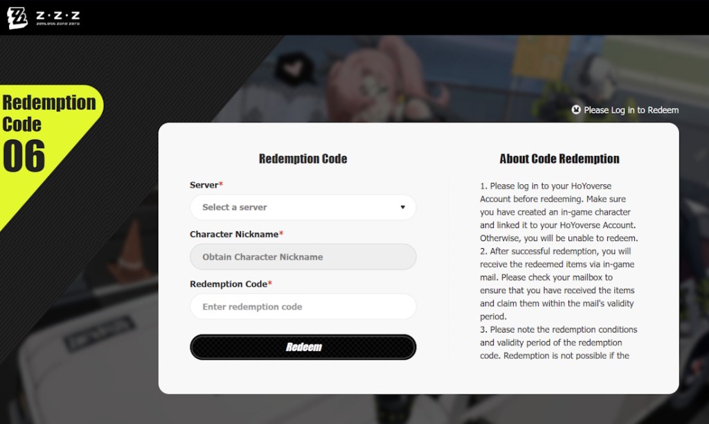 redeem zzz codes on the official hoyoverse website
