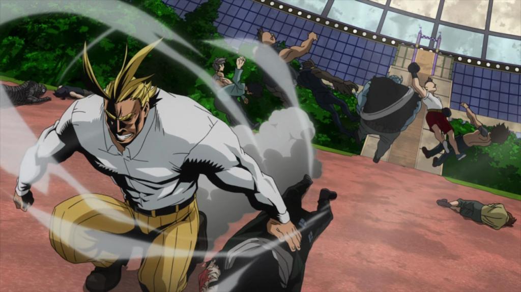 All Might fighting against villains in My Hero Academia season 1