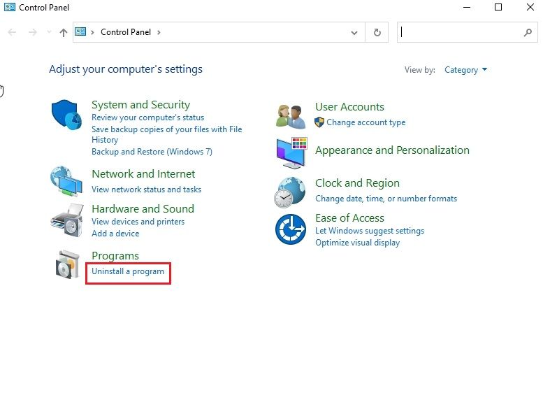 uninstall apps from control panel windows 10