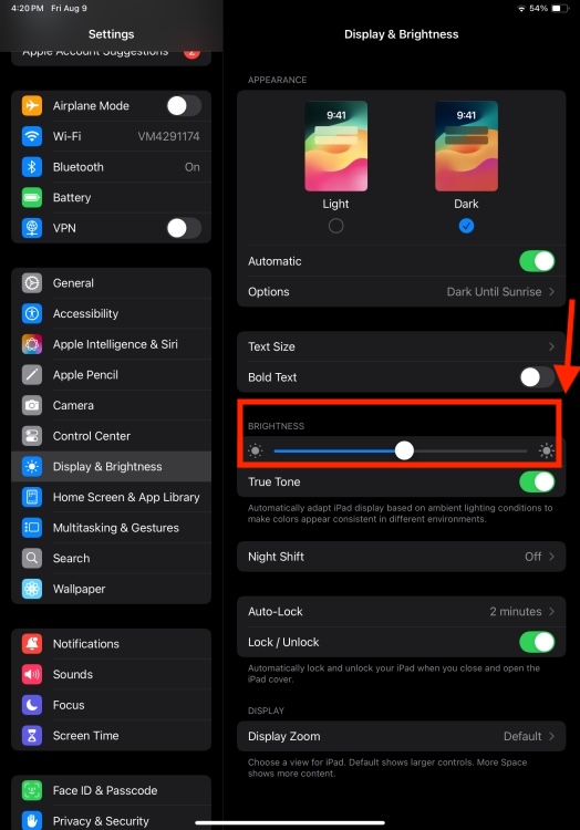 Adjust Brightness in iPad Settings