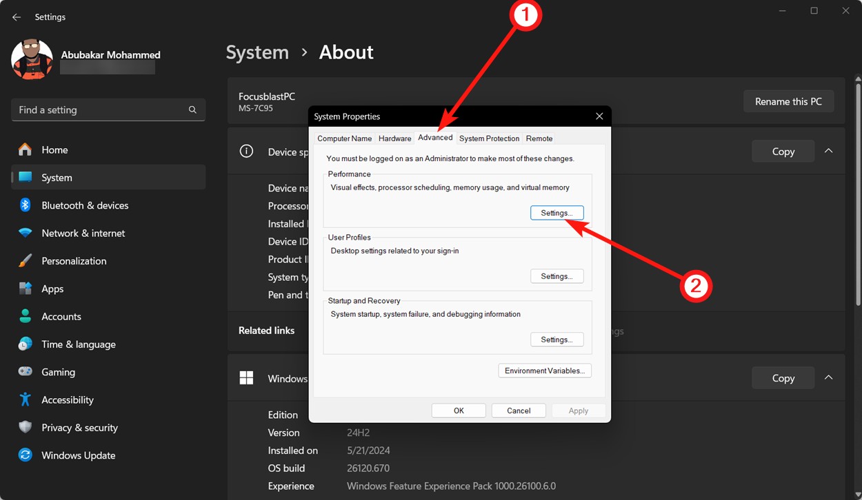 Advanced and performance settings