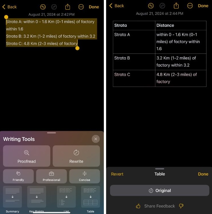 Apple Intelligence Writing Tools Table