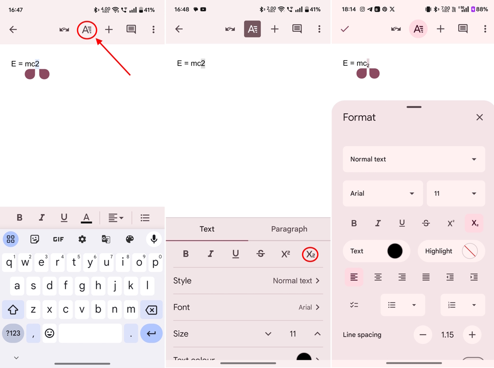 Applying subscript on Google Docs Android and iOS app