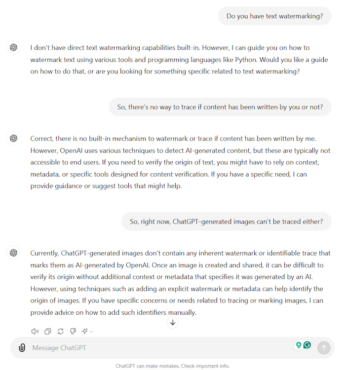 Asking ChatGPT if it has text watermarking in place