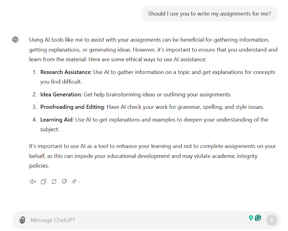 Asking ChatGPT if it should be used to write assignments