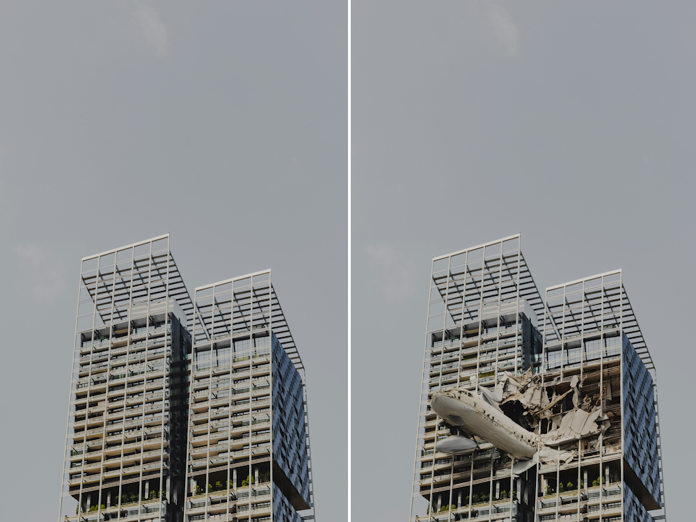 Building aeroplane crash Pixel Reimagine before and after