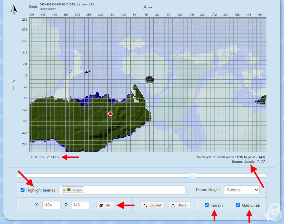 Highlight biomes, enable terrain and grid lines and insert custom location coordinates in Chunk Base