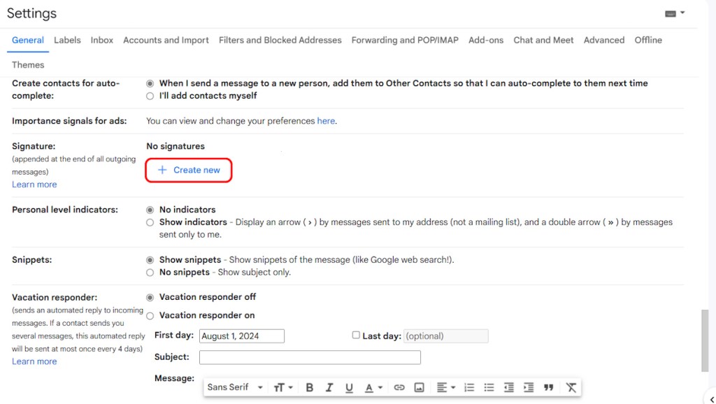 Create new signature option on Gmail web version