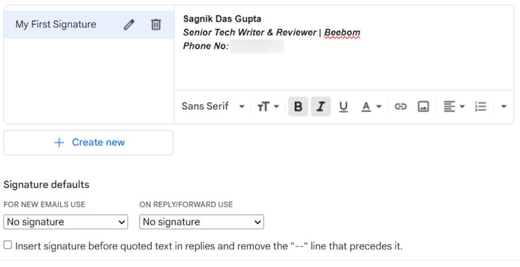 Creating a signature on Gmail web version