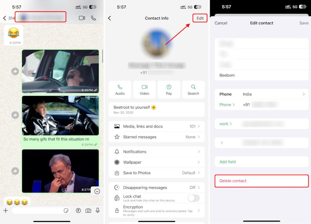 Deleting a WhatsApp contact on iOS