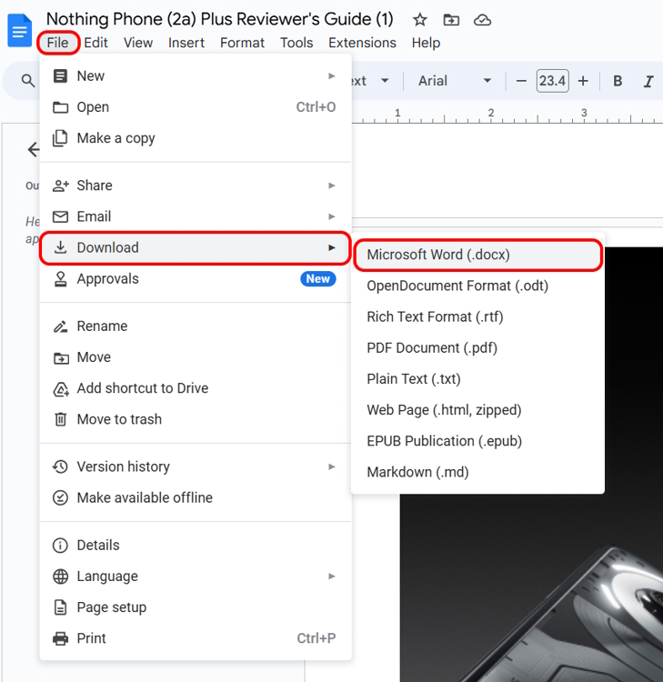 Downloading PDF file in Word format on Google Docs