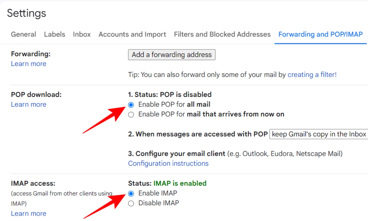 Enable POP and IMAP