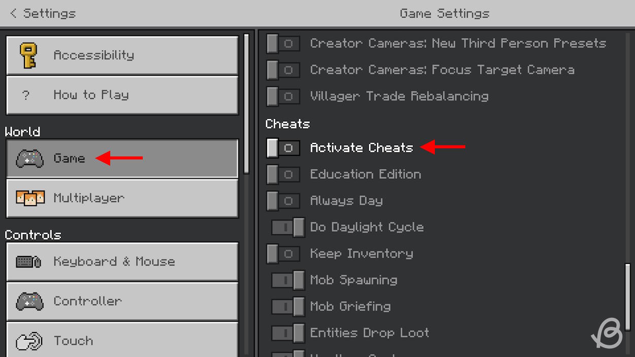 Enable cheats after creating a world on Bedrock Minecraft