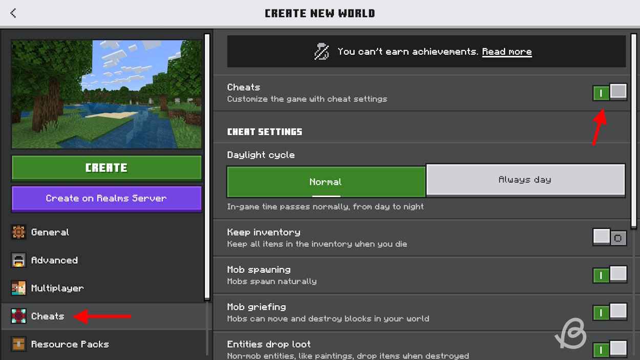 Enable cheats while creating a new Minecraft world on Bedrock