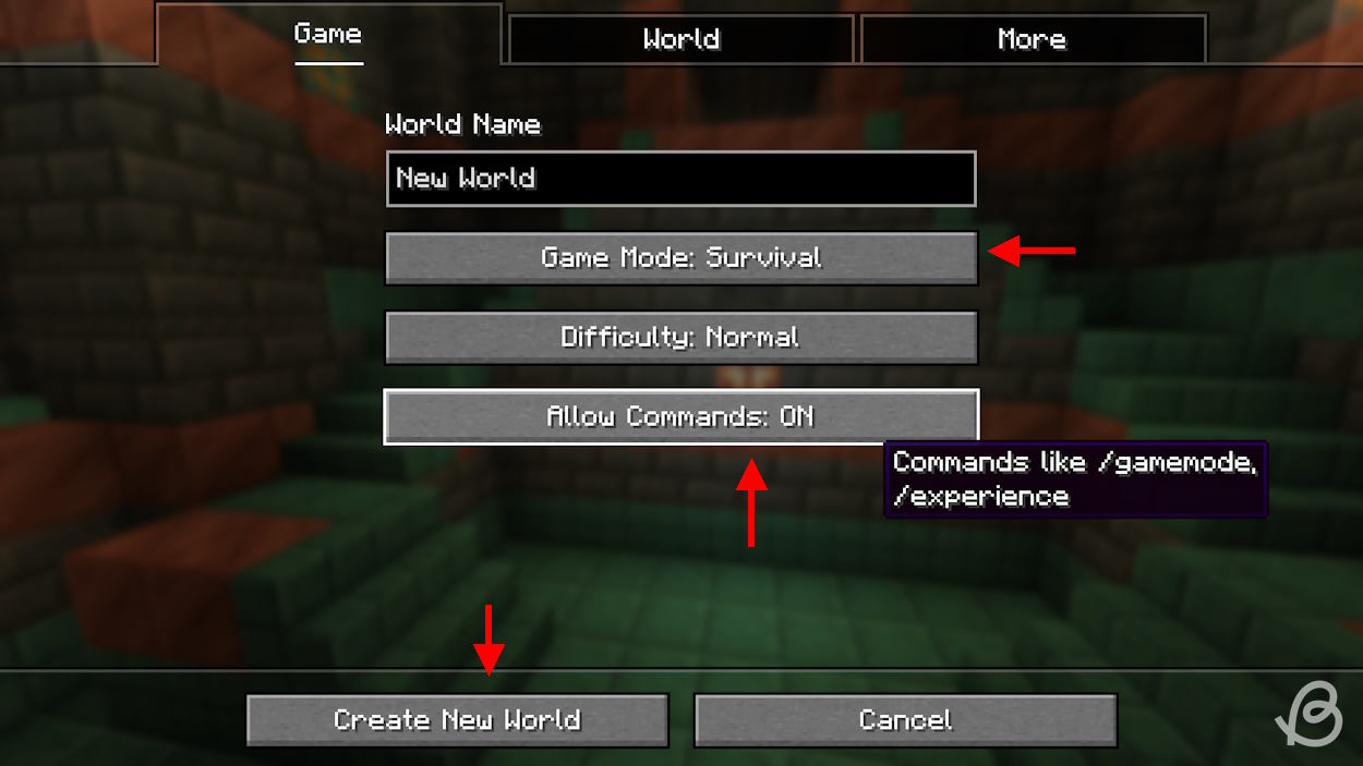 Enable cheats while creating a new Minecraft world on Java