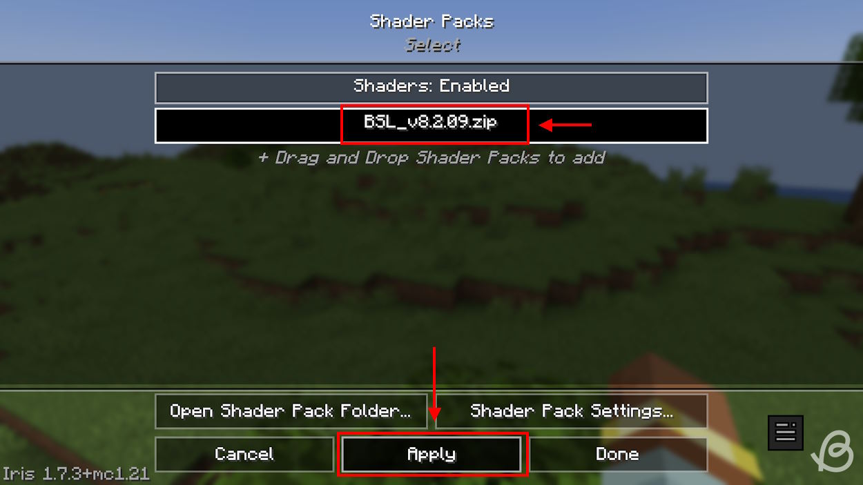 Enable the shader in the options menu to run it using Fabric in Minecraft