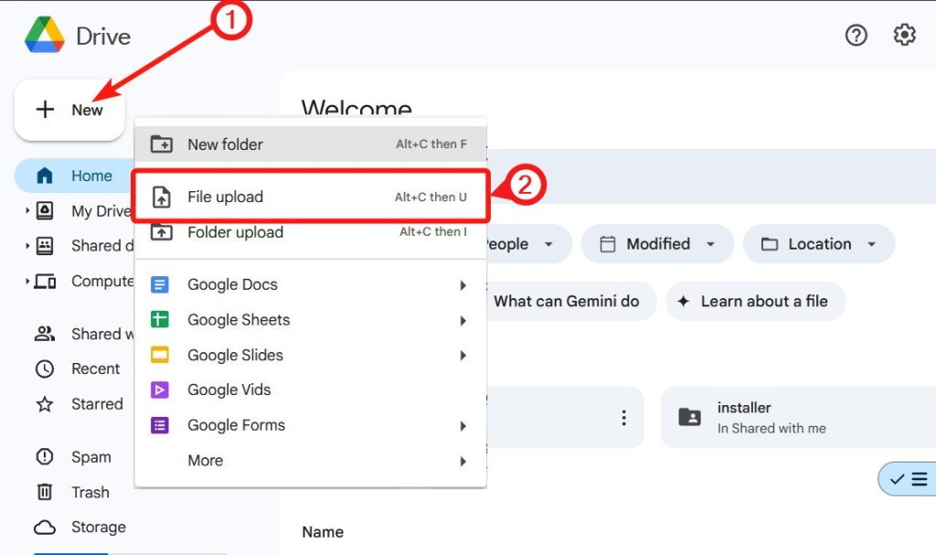 Google Drive New option with file upload option