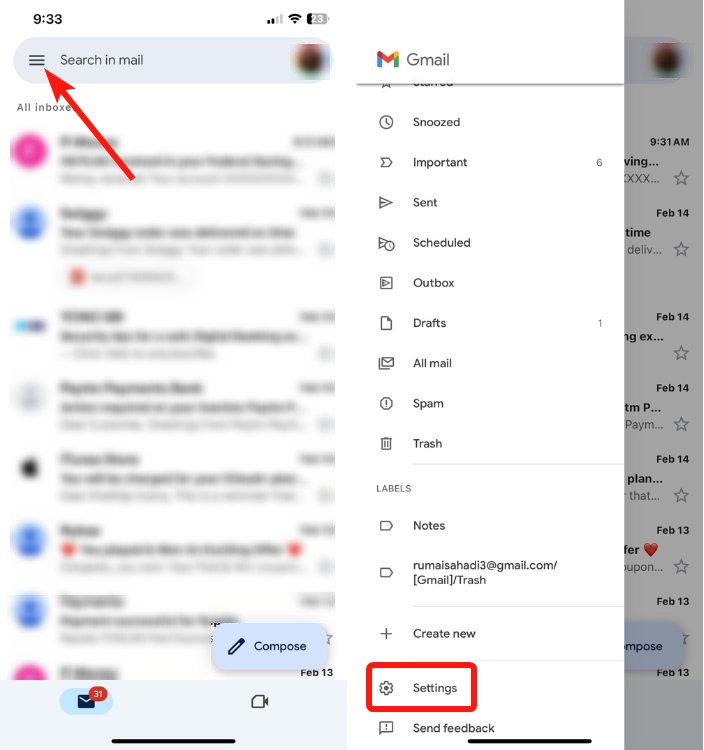 Gmail app home screen with hamburger menu and Settings option