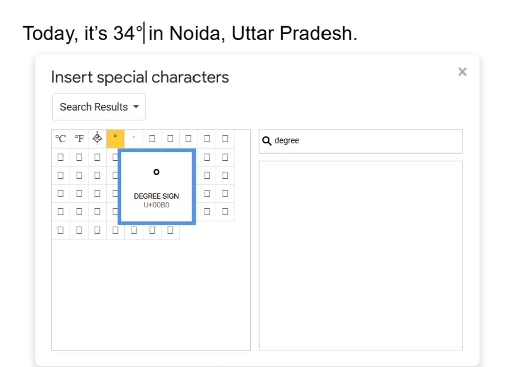 Inserting degree special character in Google Docs