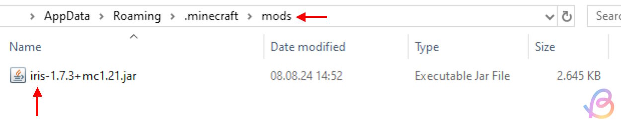 Install Iris by moving the downloaded file into the mods folder in the main Minecraft folder