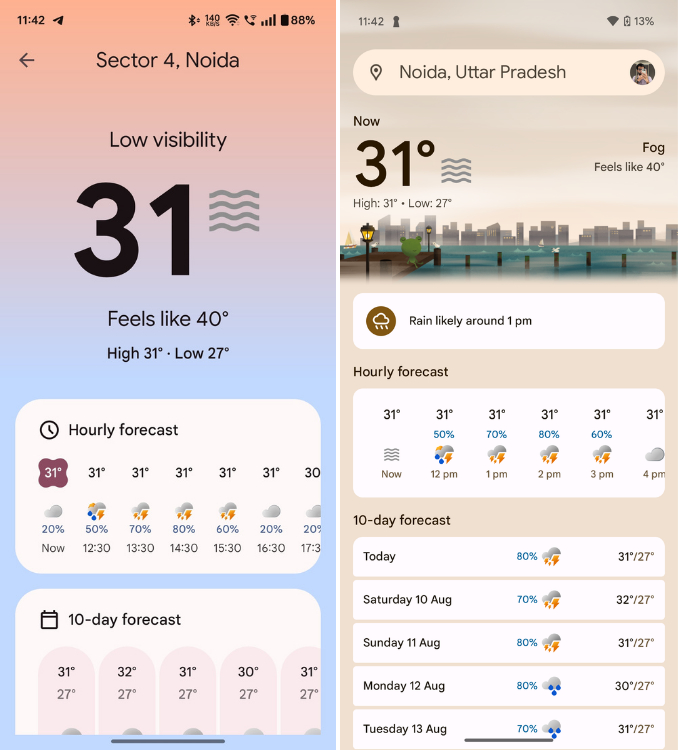 New vs Old Google Weather App font and design