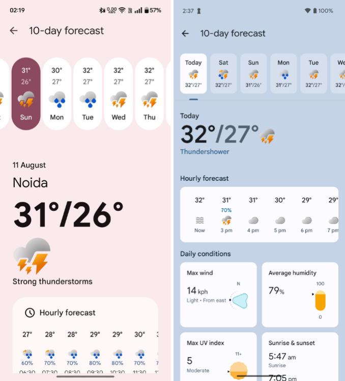 New vs Old Google Weather App 10-day forecast panel