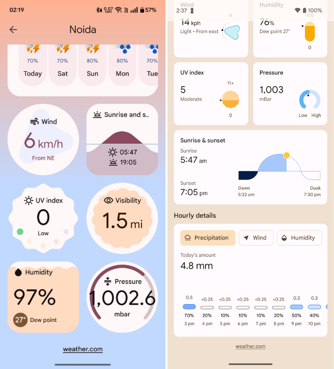 New vs Old Google Weather App weather cards at the bottom