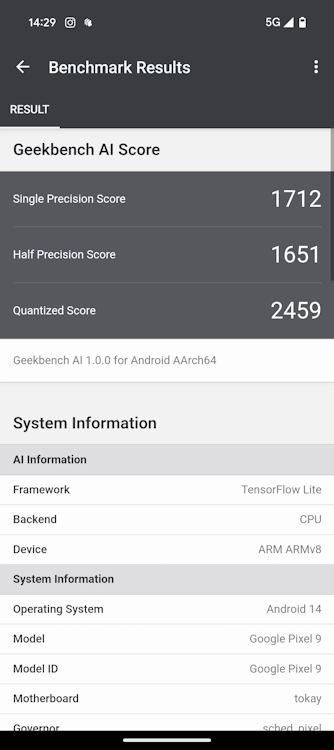 Pixel 9 Geekbench AI score