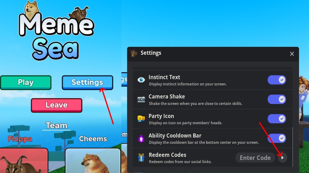 Redeem Codes option in Meme Sea