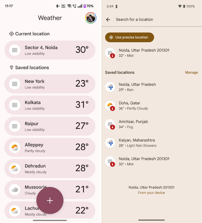 Saving and accessing locations on the new and old Google weather apps