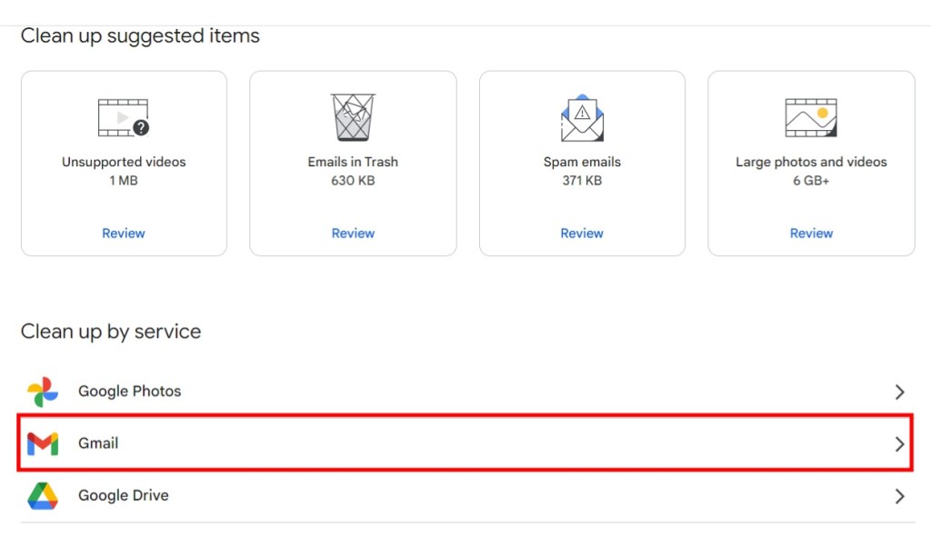 Select Gmail to clear Storage