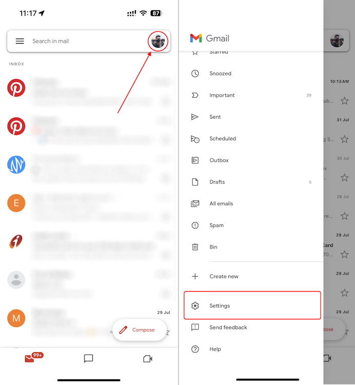 Settings in Gmail mobile app for Android