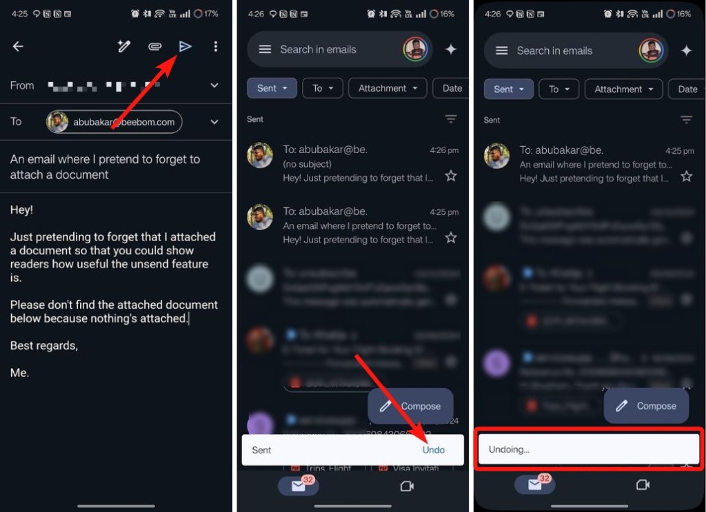 sending an email in gmail android app and then undoing it