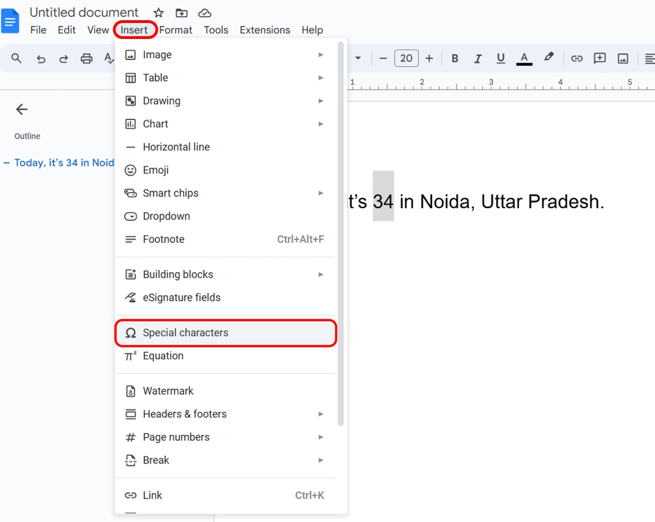 Special characters option in Google Docs web