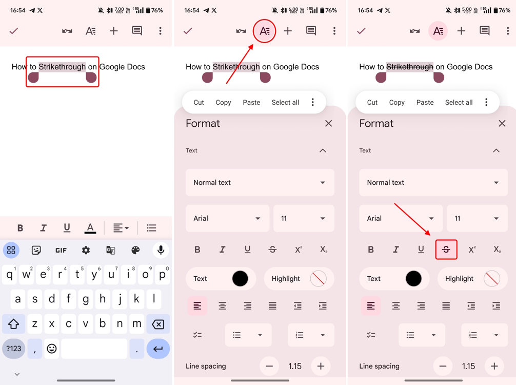 Strikethrough option in Google Docs mobile app