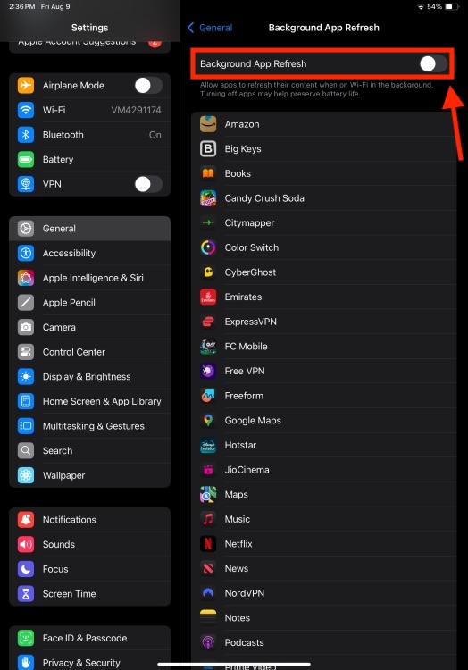 Turn Off Background App Refresh iPad