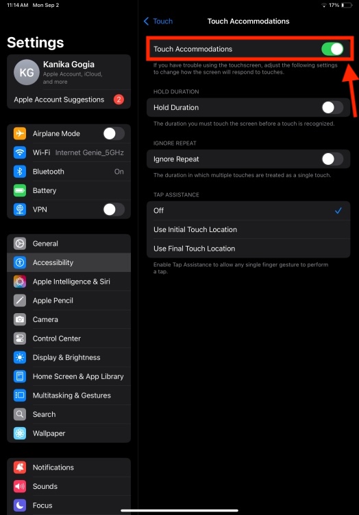 Turn On Touch Accomodations on iPad