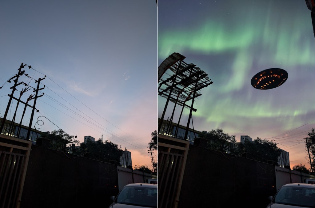 UFO and Aurora Borealis in sky before and after