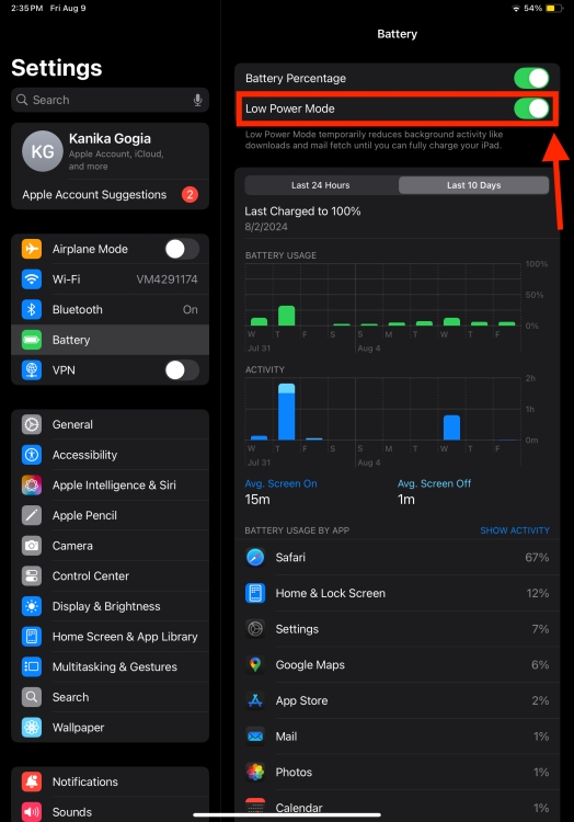 Turn on Low Power Mode in iPad Control Center